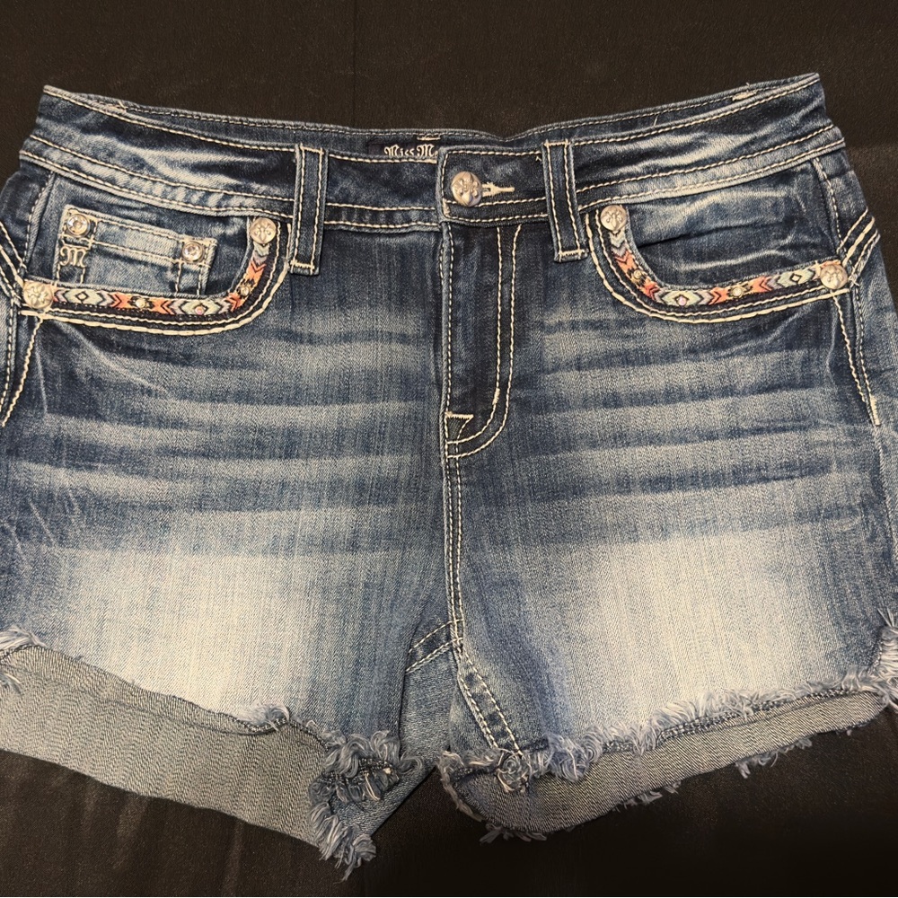 Miss Me Mid Rise Blue Jean Shorts w/Distressed Hem & Rhinestone Embellishments